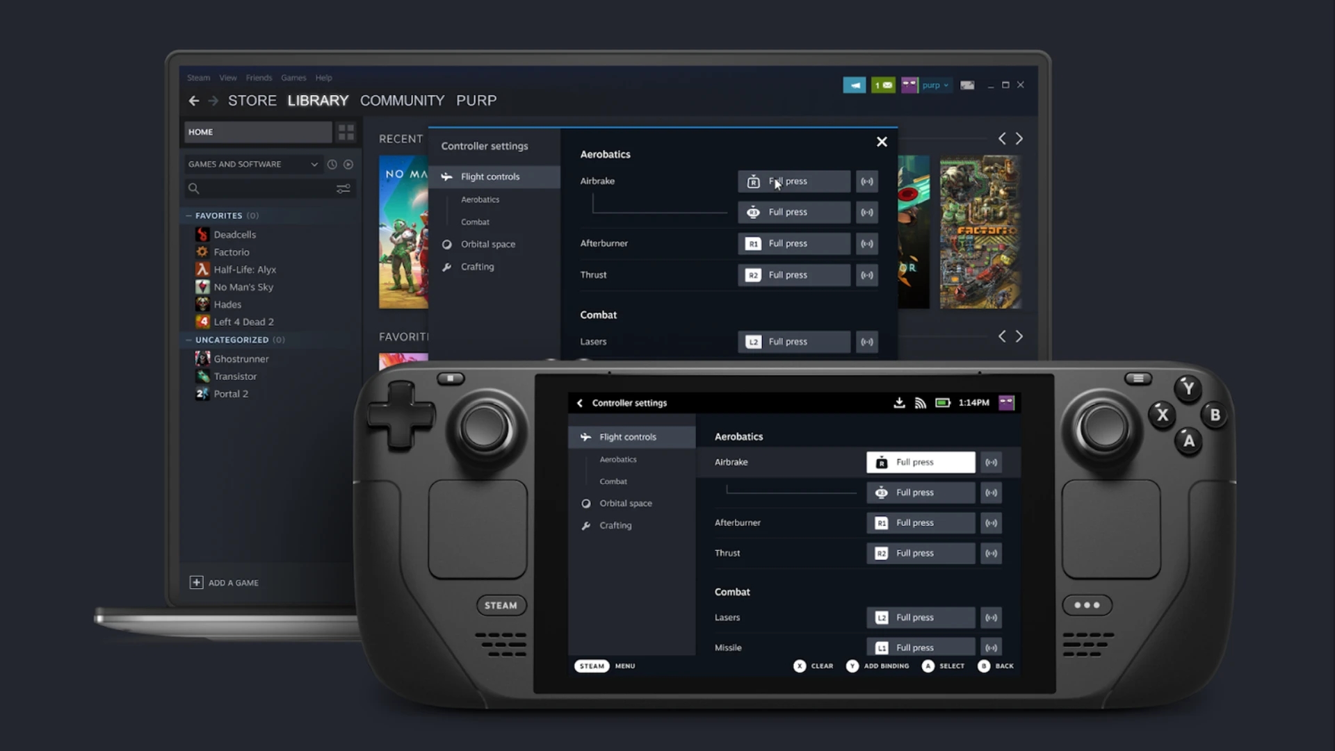 image of steam deck handheld gaming device with ui showing