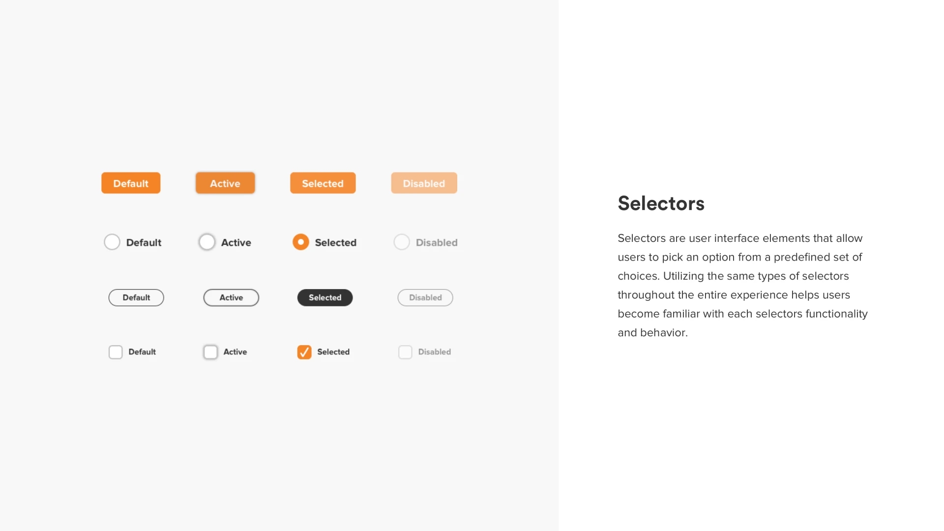 image shows buttons and other selectors with the following text - Selectors are user interface elements that allow users to pick an option from a predefined set of choices. Utilizing the same types of selectors throughout the entire experience helps users become familiar with each selectors functionality and behavior