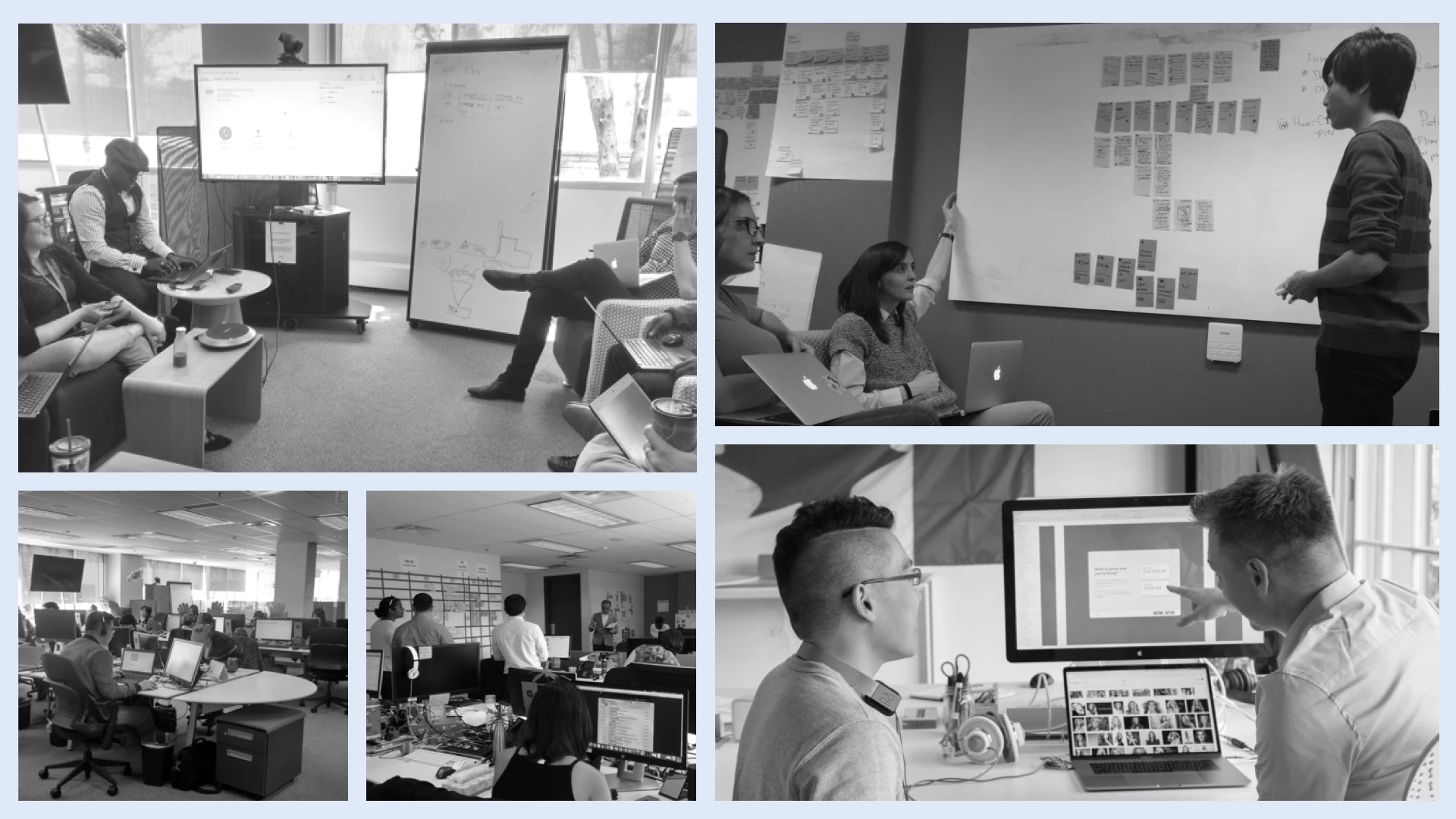 black and white collection of images showing tangerine clients and the artefact team working through problems